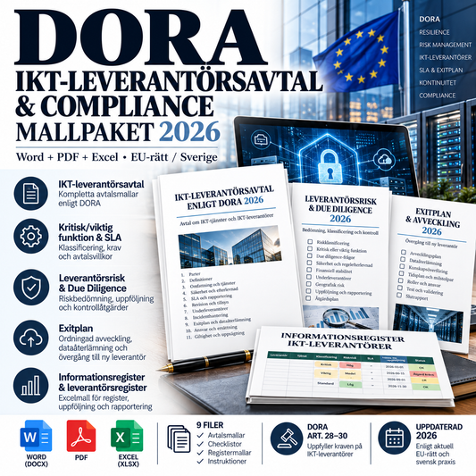 DORA IKT-leverantörsavtal och compliance mallpaket 2026 – Word PDF Excel
