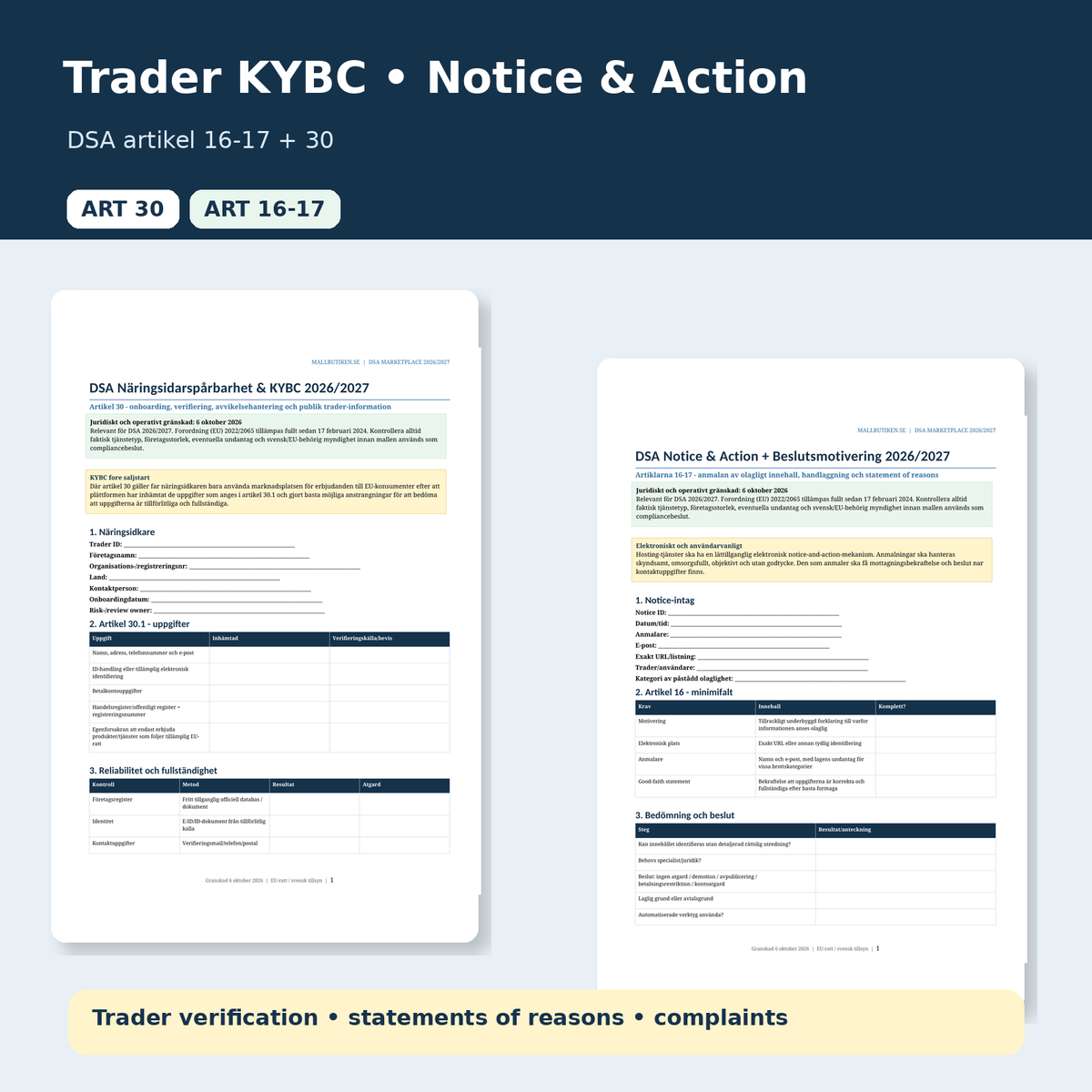 DSA trader traceability KYBC notice and action article 16 17 30 mall 2026/2027