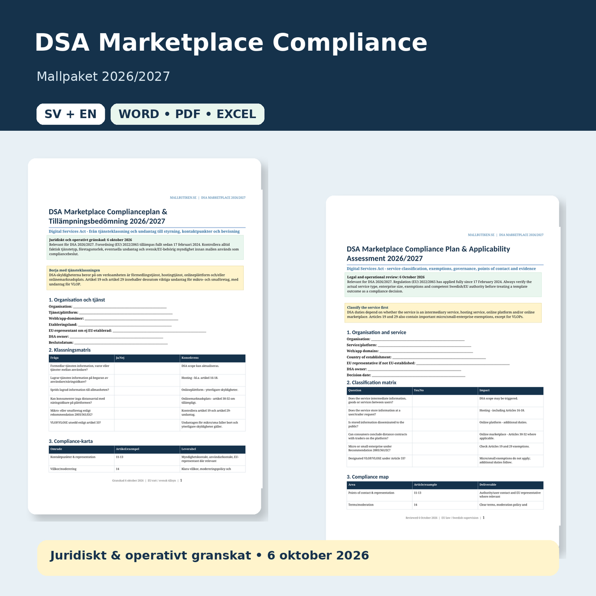 DSA Marketplace Compliance 2026/2027 svenska engelska Word PDF Excel mallpaket