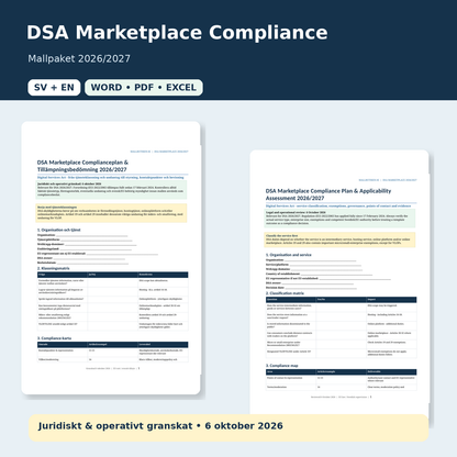DSA Marketplace Compliance 2026/2027 svenska engelska Word PDF Excel mallpaket