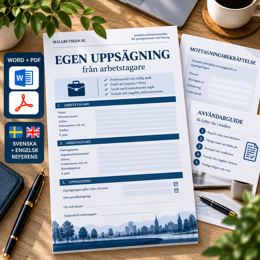 Egen uppsägning från anställd – Word/PDF, svensk och engelsk mall samt kvittens