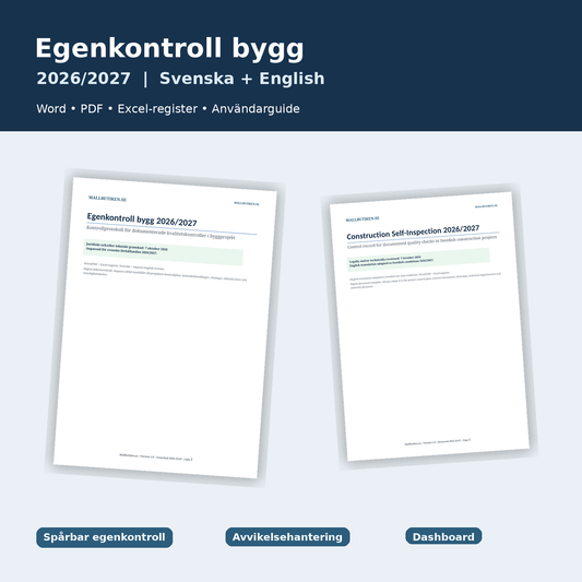 Egenkontroll bygg 2026/2027 mallpaket i Word PDF och Excel på svenska och engelska