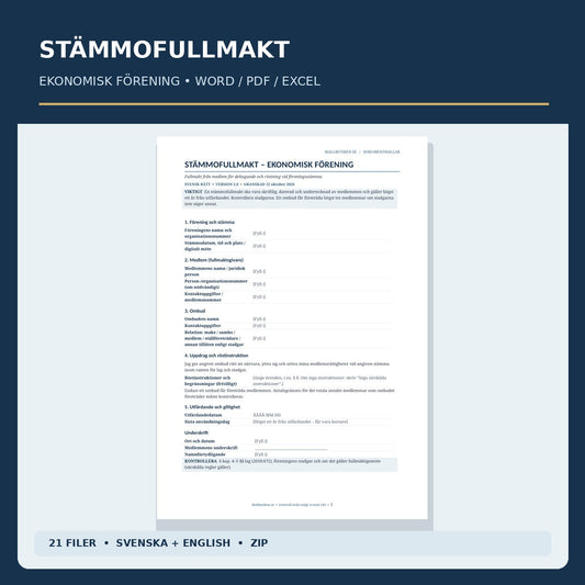 Fullmakt ekonomisk förening, Word/PDF/Excel – svensk och engelsk stämmofullmakt