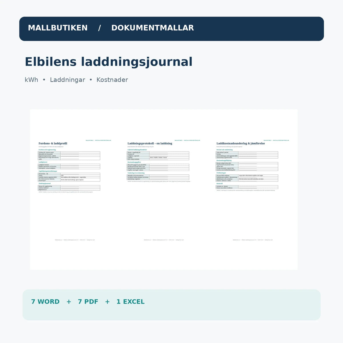 Elbilens laddningsjournal med verkliga Word- och PDF-dokument för kWh, pris och kostnader