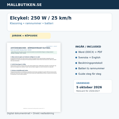 Elcykel 250 W 25 km h klassning ramnummer batteri köpguide 2026/2027