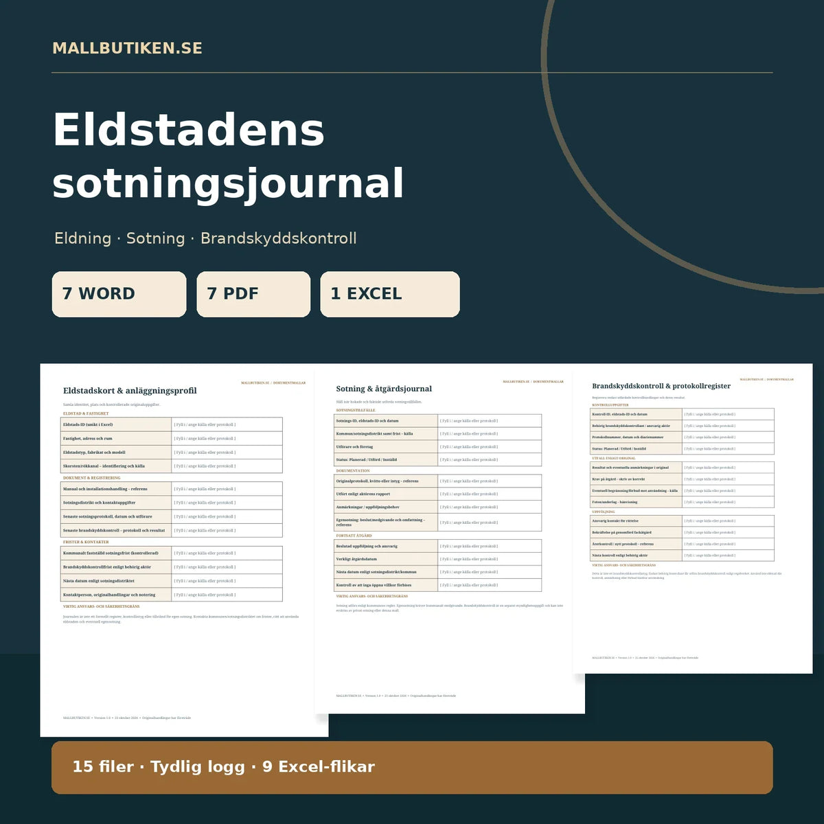 Eldstadens sotningsjournal, eldningsregister och brandskyddsprotokoll i Word/PDF/Excel