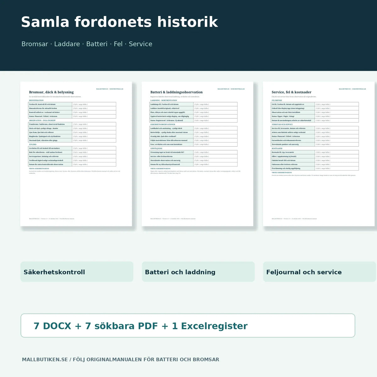 Bromskontroll, batteri- och laddningsjournal samt verkstadsprotokoll – verkliga Word/PDF-förhandsvisningar
