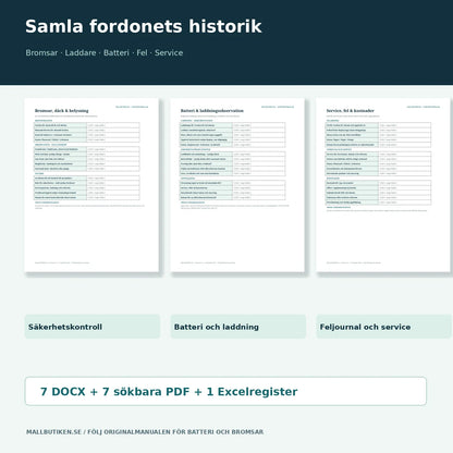 Bromskontroll, batteri- och laddningsjournal samt verkstadsprotokoll – verkliga Word/PDF-förhandsvisningar