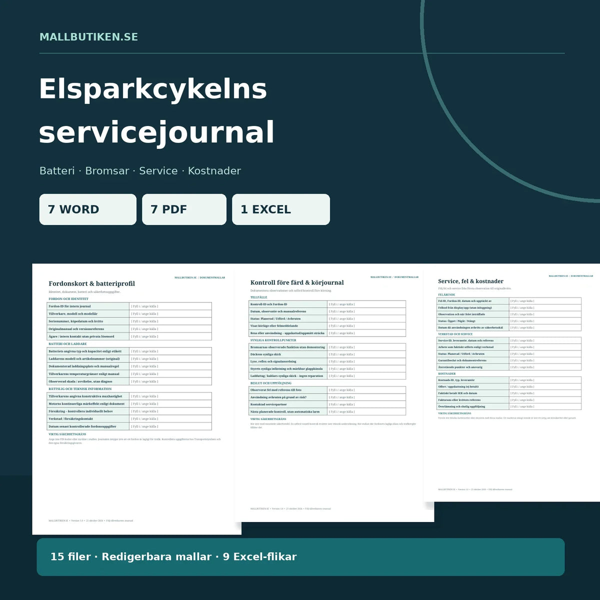 Elsparkcykelns servicejournal – Word och PDF för batteri, bromsar, laddare och service