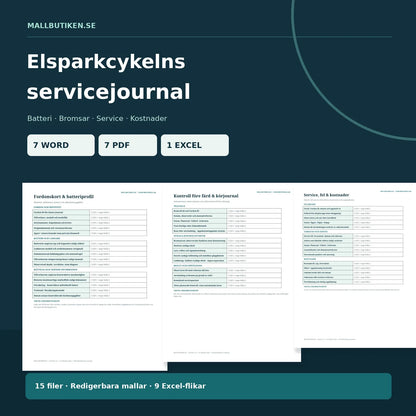 Elsparkcykelns servicejournal – Word och PDF för batteri, bromsar, laddare och service