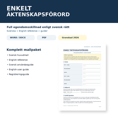 Enkelt äktenskapsförord – full egendomsskillnad, Word och PDF