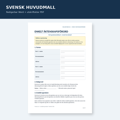 Förhandsvisning av svensk mall för enkelt äktenskapsförord