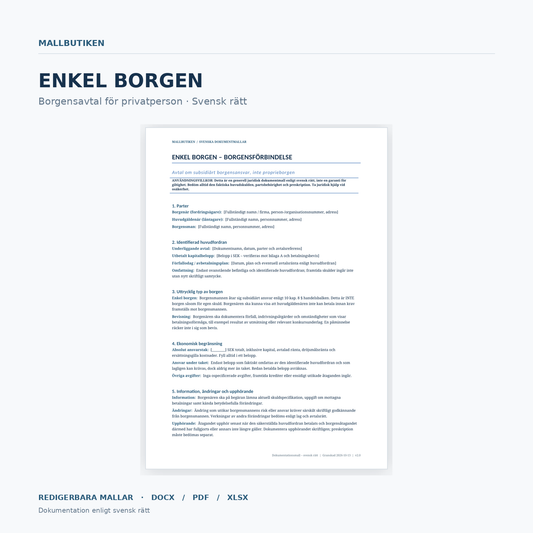 Enkel borgen – svensk mall för borgensavtal enligt handelsbalken Word PDF Excel