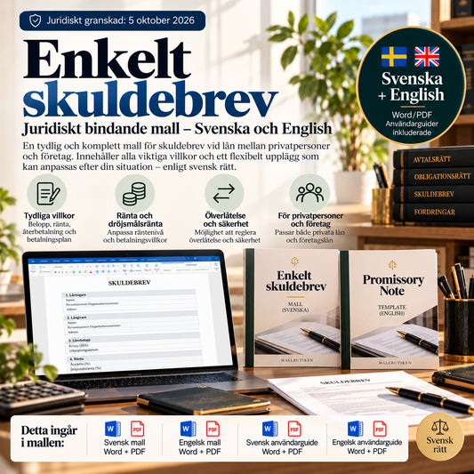 Enkelt skuldebrev – svensk och engelsk Word/PDF-mall med användarguide
