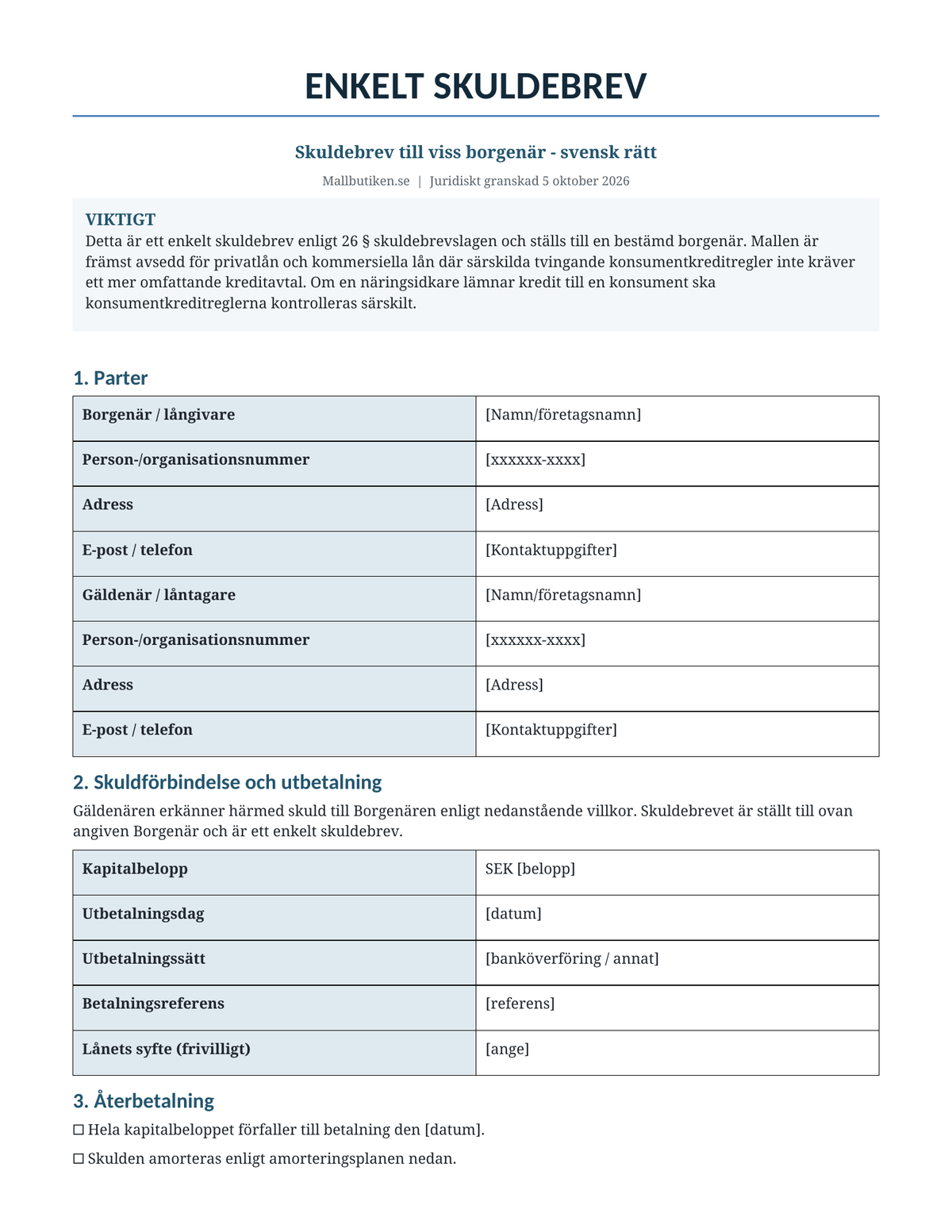 Förhandsvisning av svensk mall för enkelt skuldebrev