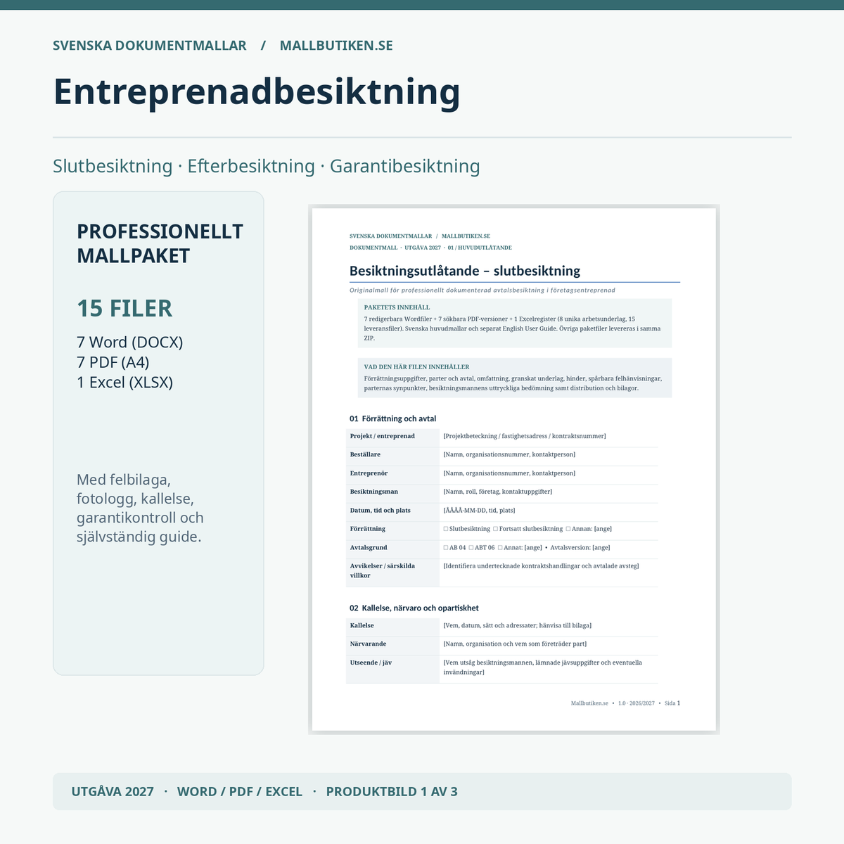 Entreprenadbesiktning slutbesiktning 2026 2027 Word PDF Excel besiktningsutlåtande