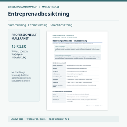 Entreprenadbesiktning slutbesiktning 2026 2027 Word PDF Excel besiktningsutlåtande