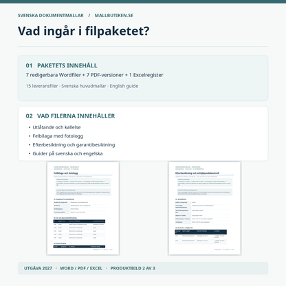 Paketets innehåll och vad filerna innehåller entreprenadbesiktning 15 filer