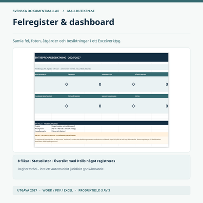 Felregister och dashboard Excel för entreprenadbesiktning och efterbesiktning
