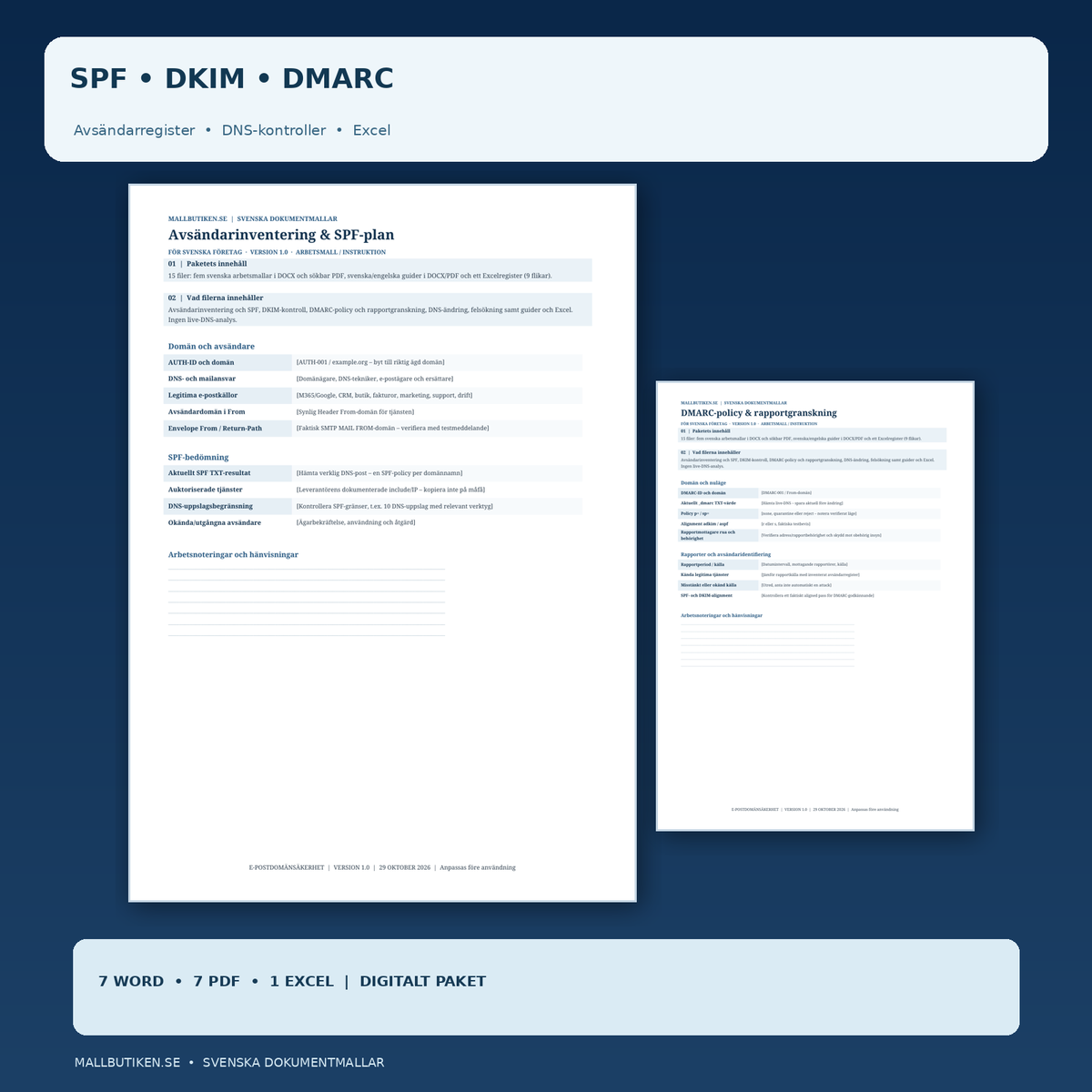 E-postdomänsäkerhet SPF DKIM DMARC – huvudbild från faktiska Word och PDF dokument