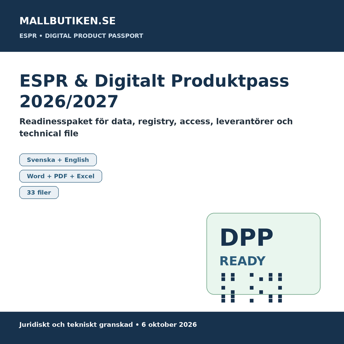 ESPR och Digital Product Passport readiness 2026 2027 svenska engelska Word PDF Excel