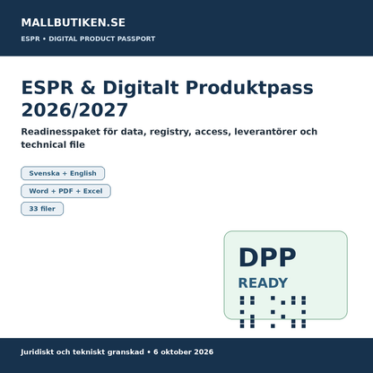 ESPR och Digital Product Passport readiness 2026 2027 svenska engelska Word PDF Excel