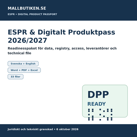 ESPR och Digital Product Passport readiness 2026 2027 svenska engelska Word PDF Excel