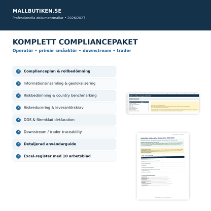 EUDR compliancepaket 2026/2027 operatör downstream trader Excel register