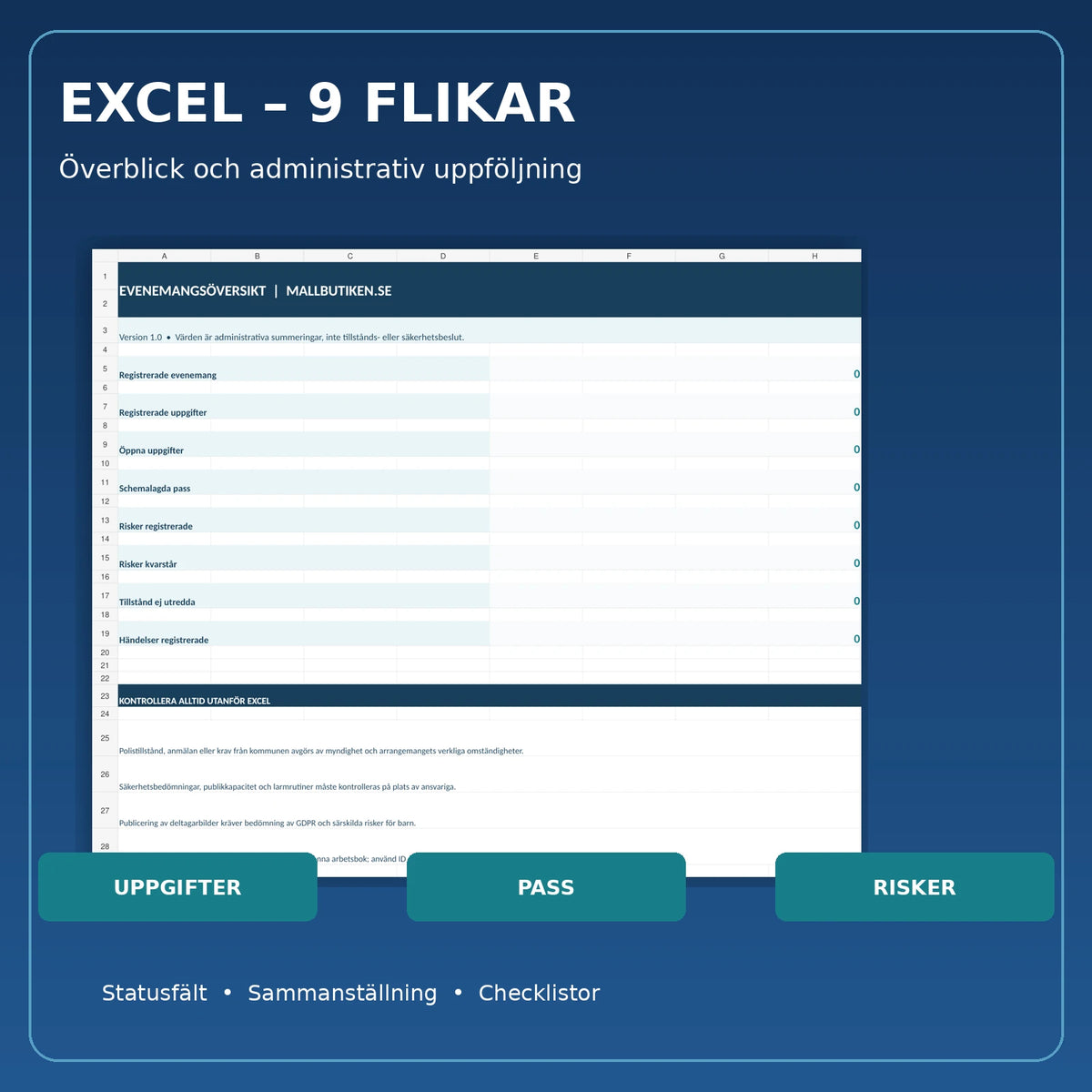 Excelregister med nio flikar för evenemang, bemanning, skift, risker och tillstånd
