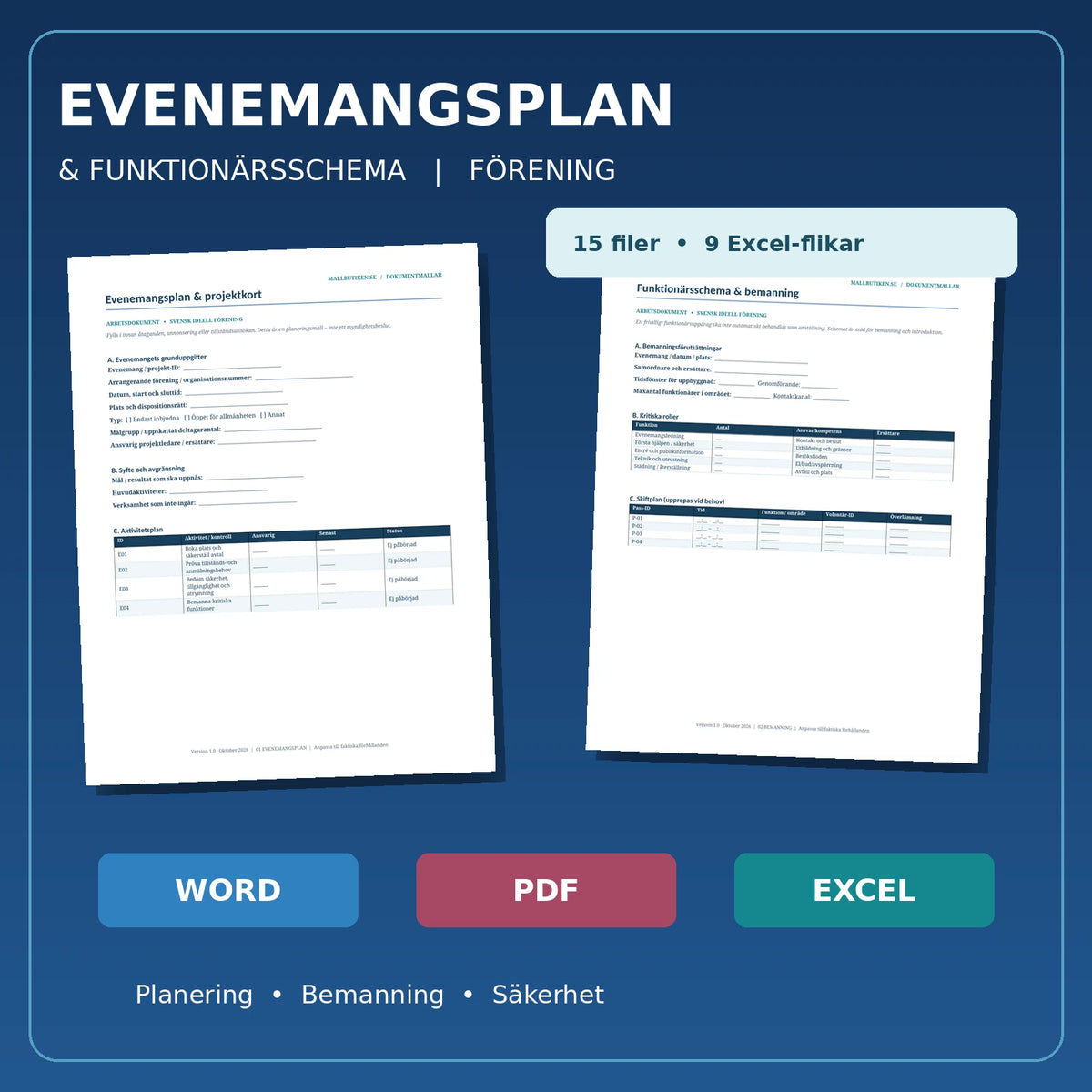 Evenemangsplan och funktionärsschema för ideell förening – Word, PDF och Excel, verkliga dokumentförhandsvisningar