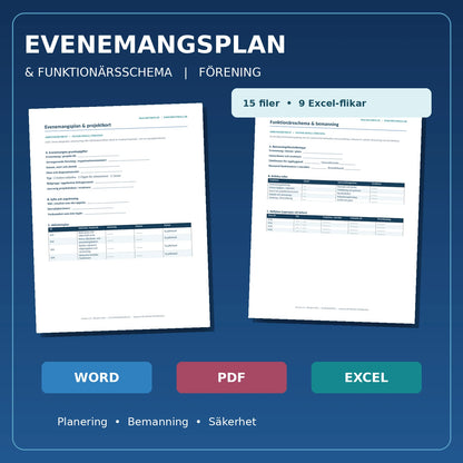 Evenemangsplan och funktionärsschema för ideell förening – Word, PDF och Excel, verkliga dokumentförhandsvisningar
