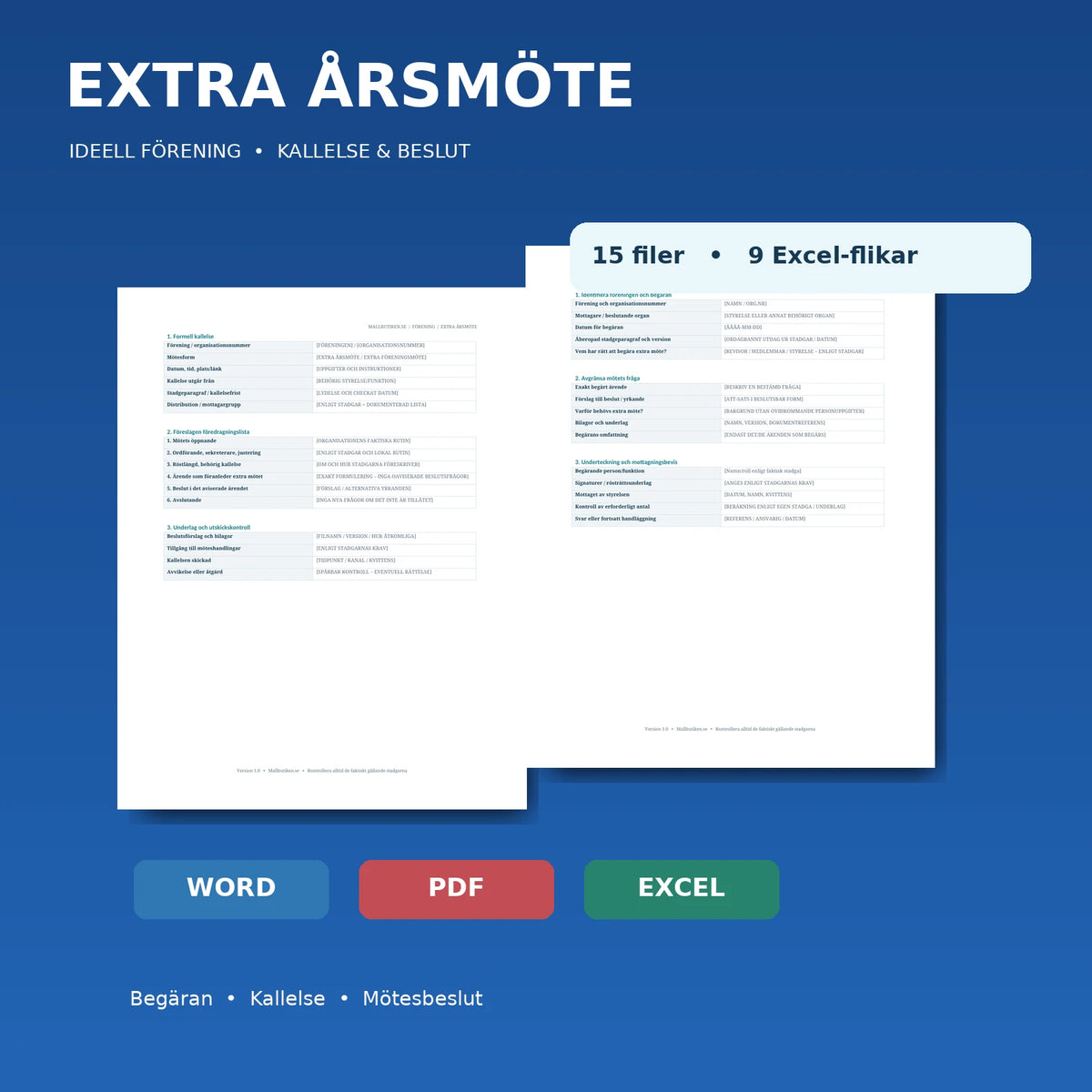 Extra årsmöte ideell förening – begäran kallelse mötesbeslut, verkliga Word/PDF-mallar och Excel