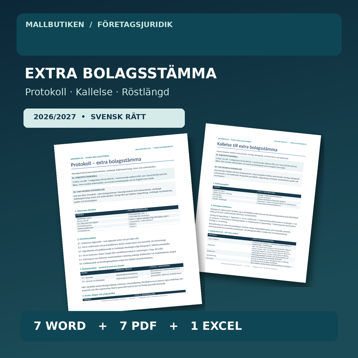 Extra bolagsstämma mall 2026/2027 – verkligt protokoll och kallelse i Word, PDF och Excel