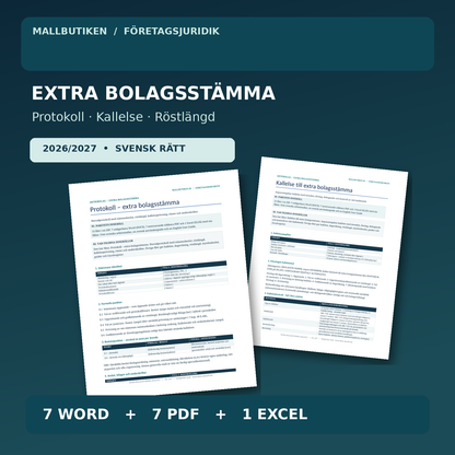 Extra bolagsstämma mall 2026/2027 – verkligt protokoll och kallelse i Word, PDF och Excel