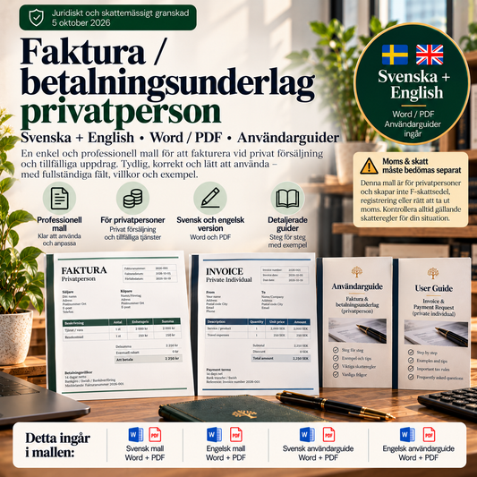 Faktura och betalningsunderlag för privatperson – svensk och engelsk Word/PDF-mall med användarguide