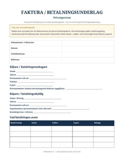 Förhandsvisning av svensk faktura och betalningsunderlag för privatperson