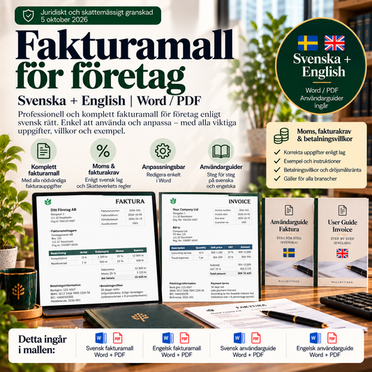 Fakturamall för företag – svensk och engelsk Word/PDF-mall med användarguide
