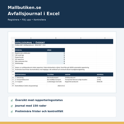 Excel avfallsjournal med rapportstatus, preliminär fristbevakning och dashboard
