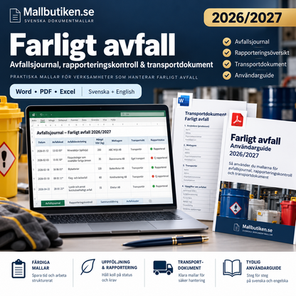 Farligt avfall mallpaket 2026/2027 – avfallsjournal, rapporteringskontroll och transportdokument