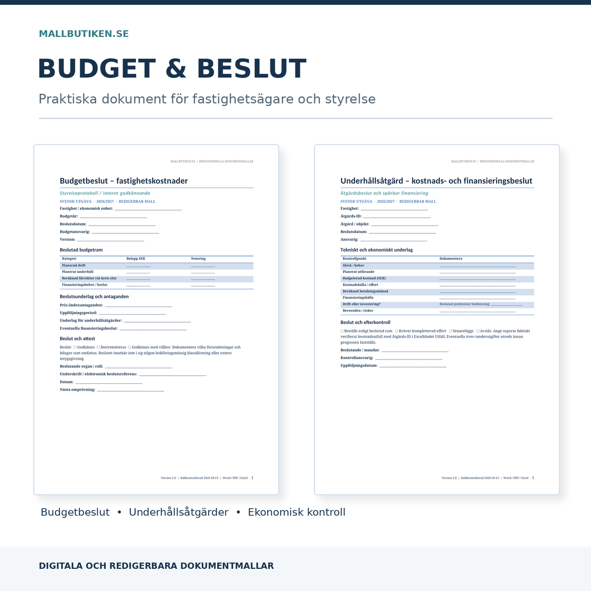 Budgetbeslut och underhållsåtgärd med verkliga redigerbara svenska Word PDF-mallar