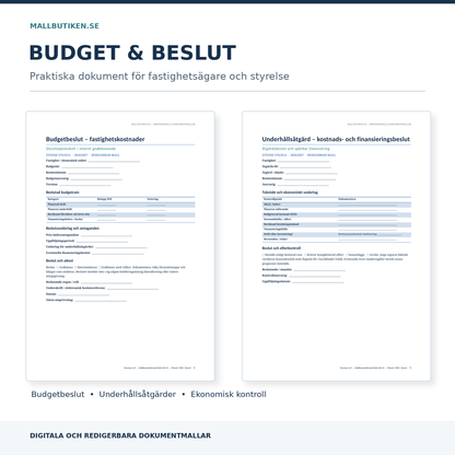Budgetbeslut och underhållsåtgärd med verkliga redigerbara svenska Word PDF-mallar