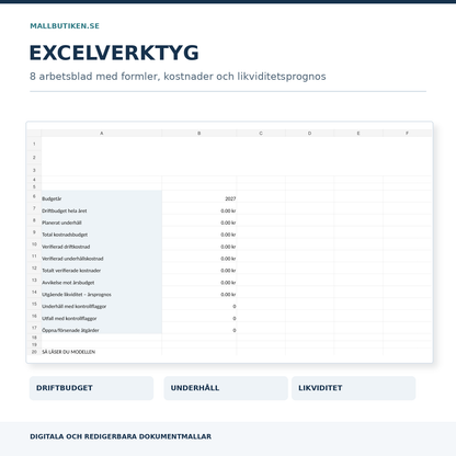 Fastighetsbudget Excel med åtta arbetsblad för driftkostnader underhåll utfall och likviditetsprognos