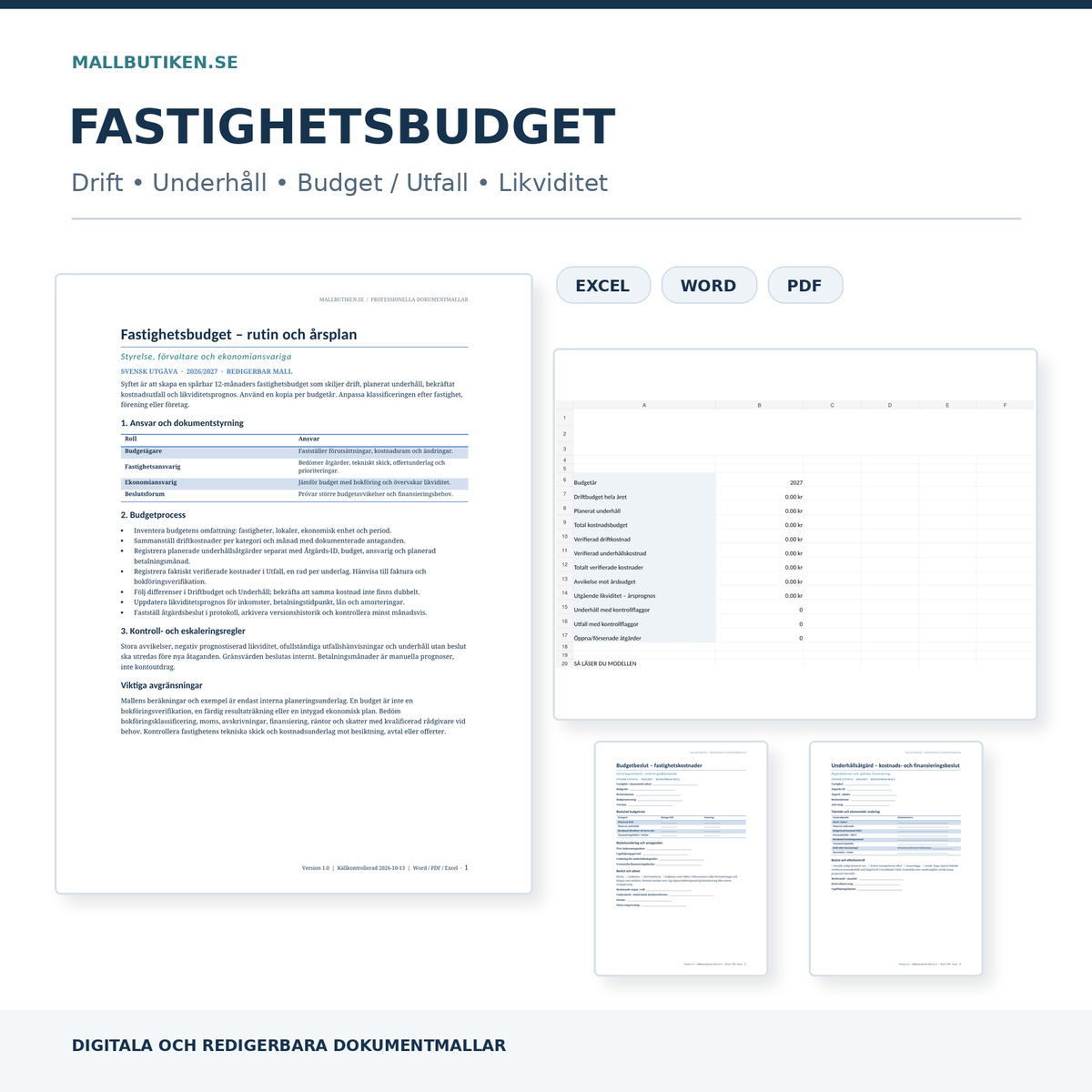Fastighetsbudget 2026/2027 med Word PDF Excel dokumentmall för drift underhåll likviditetsprognos