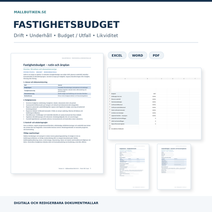 Fastighetsbudget 2026/2027 med Word PDF Excel dokumentmall för drift underhåll likviditetsprognos