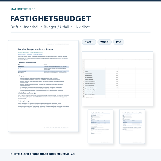 Fastighetsbudget 2026/2027 med Word PDF Excel dokumentmall för drift underhåll likviditetsprognos