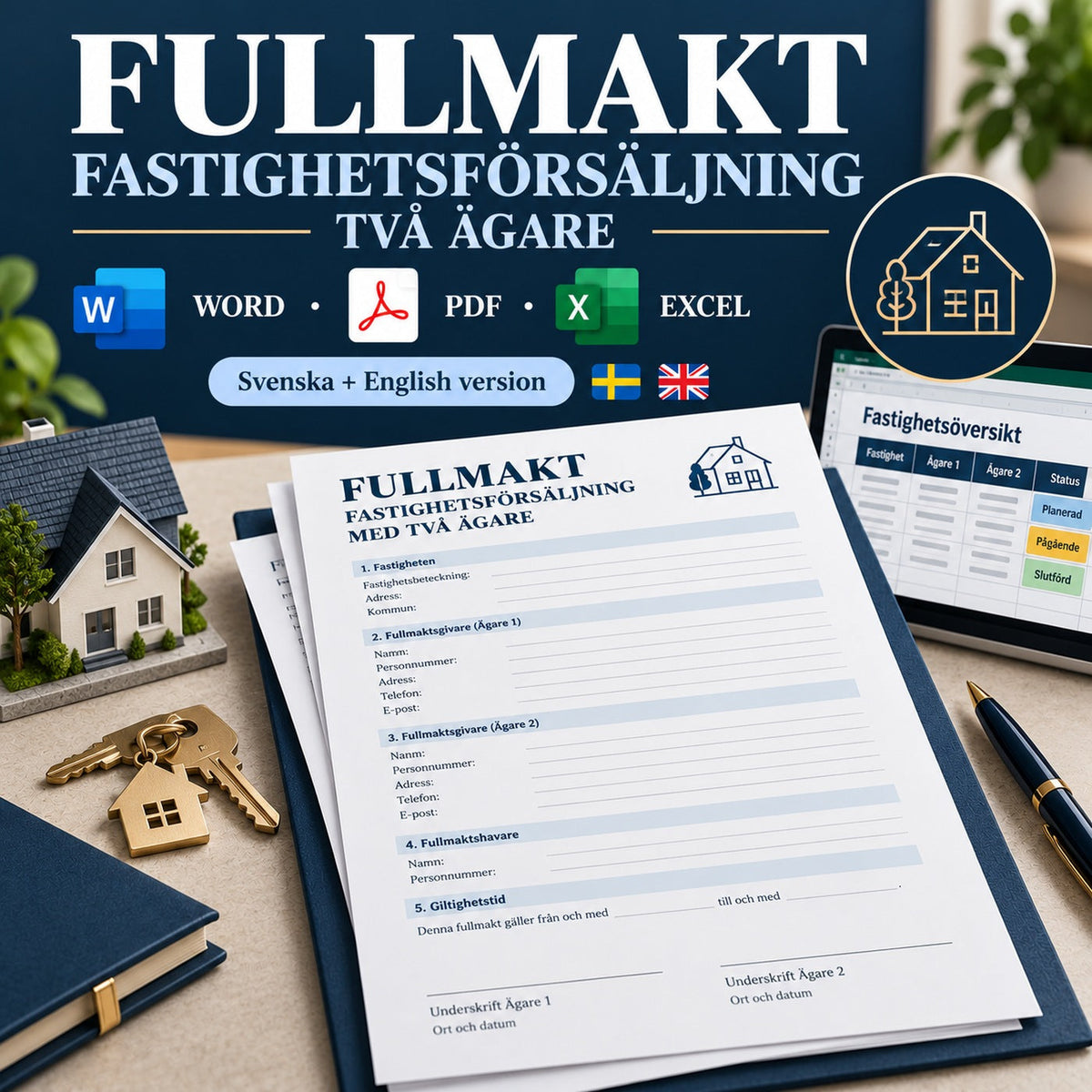 Fullmakt för fastighetsförsäljning med två ägare – Word PDF Excel svenska engelska