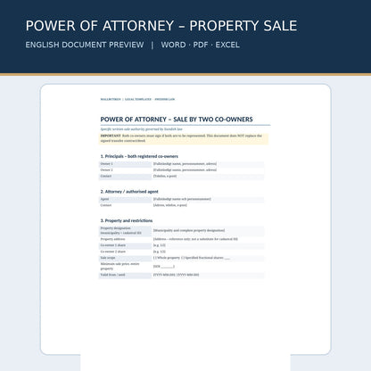 English-language Swedish law power of attorney for property sale – document preview