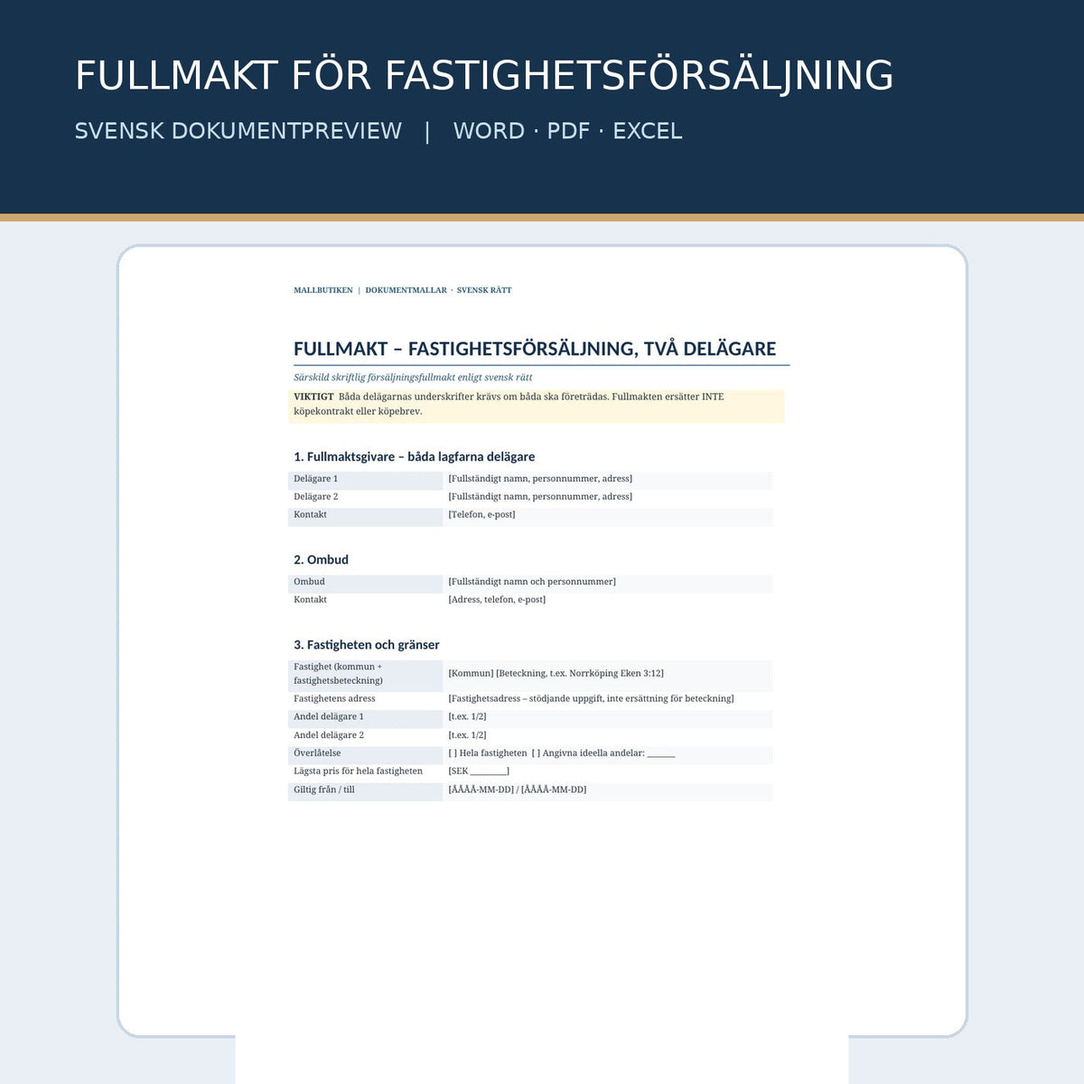 Förhandsvisning svensk fullmakt vid fastighetsförsäljning för två delägare
