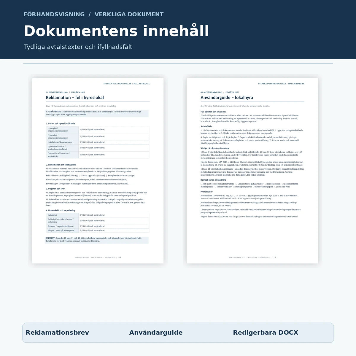 Dokumentmallar för fel i lokal – verklig PDF-förhandsvisning av reklamation och användarguide