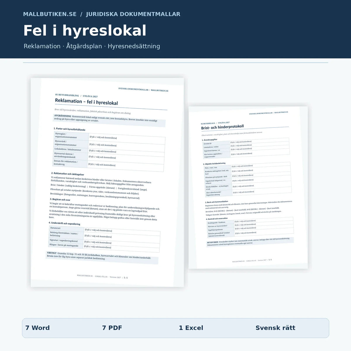 Fel i hyreslokal – reklamationsbrev och bristprotokoll Word PDF Excel, förhandsvisning av verkliga filer